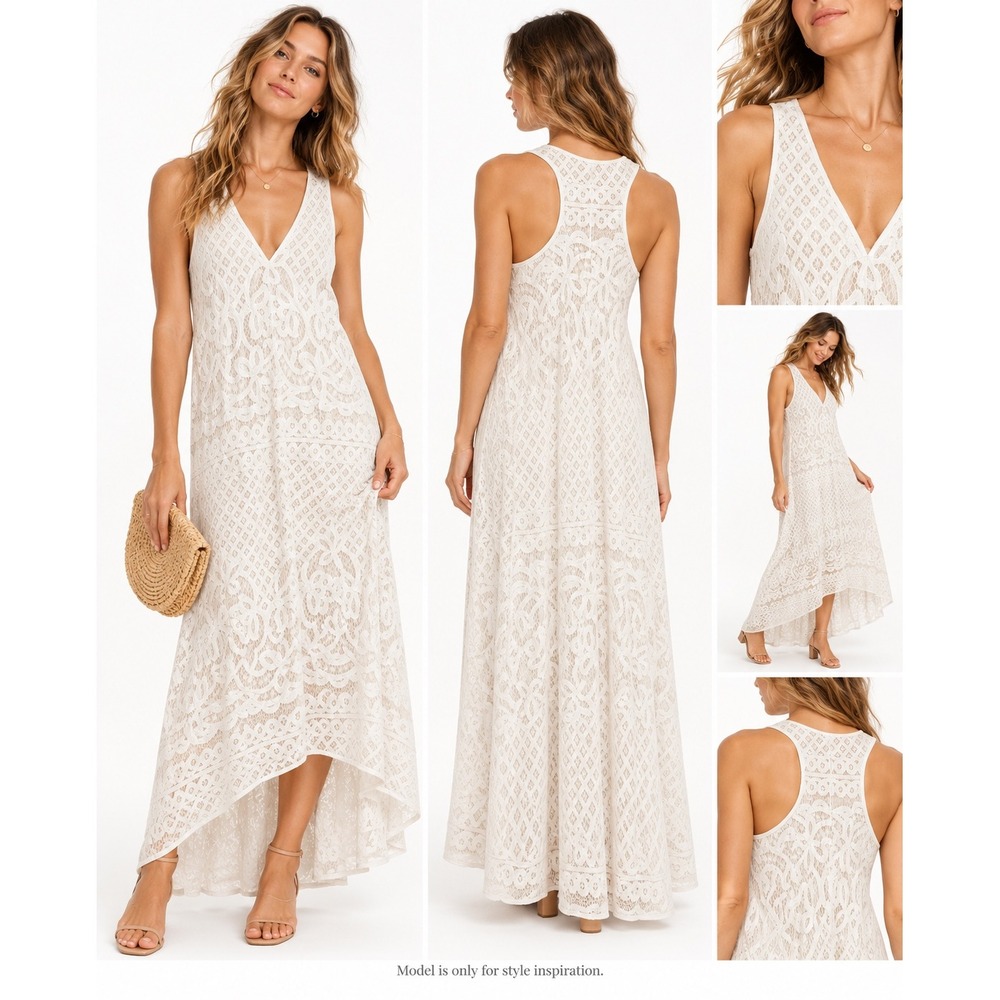 Love Stitch Lace Maxi Dress Womens M Ivory White Boho Racerback High Low Wedding